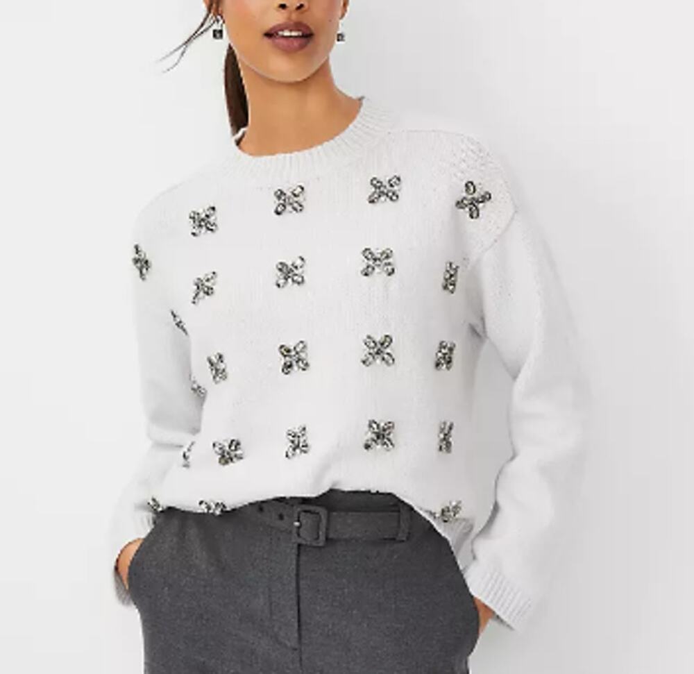 NWOT Ann Taylor Bejeweled Gray Silver Sweater Small Crewneck
